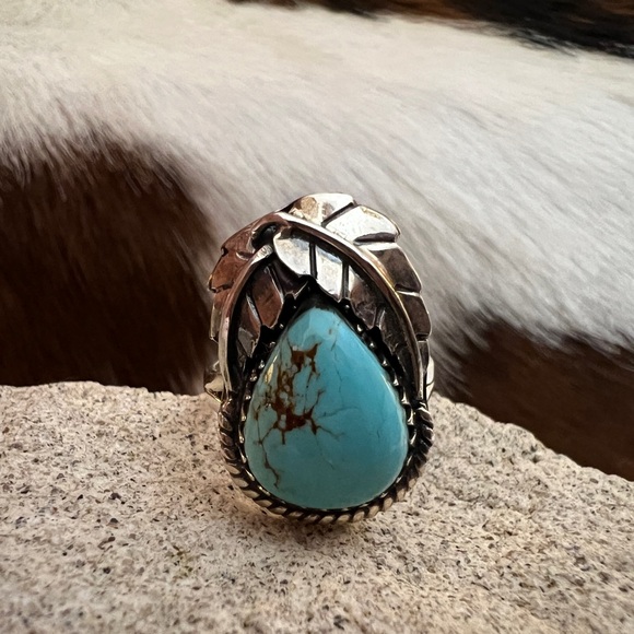 Navajo Jewelry - ❤️ Kingman Turquoise Statement Sterling Navajo Style Feather Leaf Ring Sz 7.5